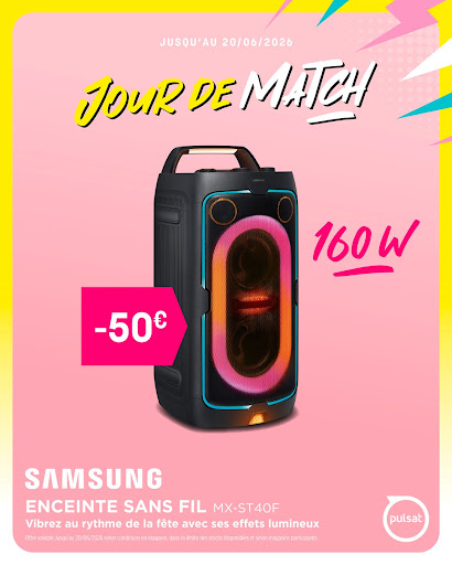 A découvrir en magasin !!
Avec l’enceinte sans fil SAMSUNG, profitez de modes sonores adaptés à tous les styles et d’effets lumineux en rythme pour une immersion totale 🎶✨
Résistante aux éclaboussures (IPX4) et dotée d’une batterie remplaçable jusqu’à 12h d’autonomie, elle vous suit partout 👍
👉 Rendez-vous dans vos magasins Pulsat pour en profiter !

⏳ Offre valable jusqu’au 20/06/2026
https://acrobat.adobe.com/id/urn:aaid:sc:EU:01eada23-fb2d-4e31-aa62-b0be843be07e?fbclid=IwY2xjawSFO5NleHRuA2FlbQIxMABicmlkETFiVU1HTjVMblVCRnZFR1hEc3J0YwZhcHBfaWQQMjIyMDM5MTc4ODIwMDg5MgABHr6An2IP8sfsmY_JKajF1Zi5K20EtJ_PqcRAdO39_nO6qqOC7HSZfikmp1fv_aem_qQuV-phUoxOTDfDsEVibLg&viewer%21megaVerb=group-discover

#PulsatAdolffElectroménager #Saverne #Samsung #EnceinteSansFil #Ambiance #CoupeDuMonde #OffresSpeciales
