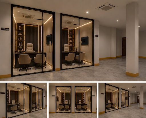 Brown toughened glass partition with soft opening patch fittings including furniture set up accor… post image