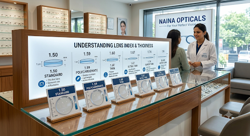 🔍 Understanding Lens Thickness: Find the Perfect Index for Your Prescription at Naina Opticals! 👓✨ post image