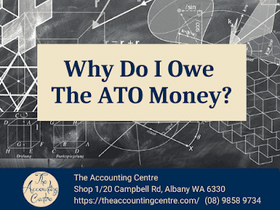 Why Do I Owe The ATO Money Image With Maths Problems On The Background & Branded Banner with business information on the bottom.