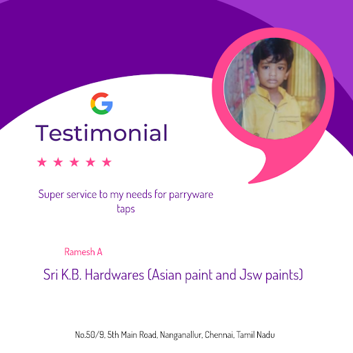Ramesh, a delighted customer from Chennai, shares his 5-star experience at Sri K.B. Hardwares (As…