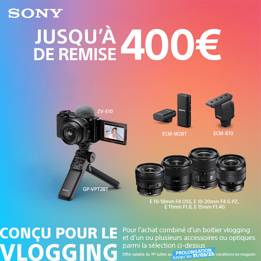 Offre du moment pour l'achat d'un boitier SONY vlogging ZV-E10

https://www.photo-univers.fr/content/113-offre-promotionnelle-sony-jusqu-a-400-de-remise-pour-l-achat-simultane-d-un-zv-e10-accessoires-ou-optiques
