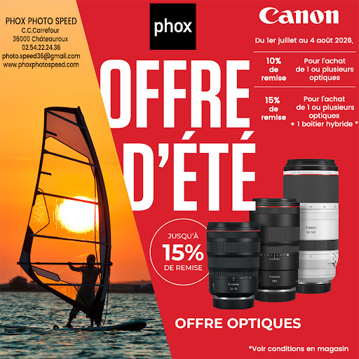 Saisissez l’opportunité de sublimer votre créativité cet été avec notre offre exclusive sur les optiques Canon ! Profitez de 10% de remise dès l’achat d’une ou plusieurs optiques. Pour aller plus loin , bénéficiez de 15% de remise pour l’achat simultané d’un boîtier hybride Canon avec une ou plusieurs optiques. Offre valable du 1er juillet au 4 août 2026. Rendez-vous en magasin pour plus d’informations.