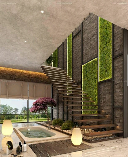 Exterior decoration with Grass and stone cladding on the wall and floor