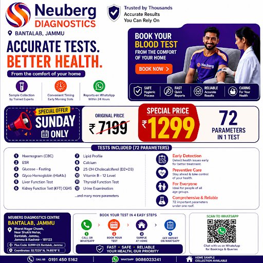 Get a complete health checkup with 72 parameters at Neuberg Diagnostics Centre Bantalab Jammu.  post image