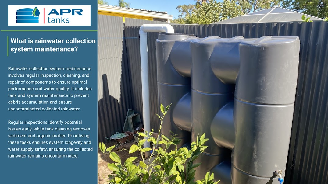 What is rainwater collection system maintenance? Rainwater collection system maintenance involves regular inspection, cleaning, and repair of components to ensure optimal performance and water quality. It includes tank and system maintenance to prevent debris accumulation and ensure uncontaminated collected rainwater. Regular inspections identify potential issues early, while tank cleaning removes sediment and organic matter. Prioritising these tasks ensures system longevity and water supply safety, ensuring the collected rainwater remains uncontaminated.
