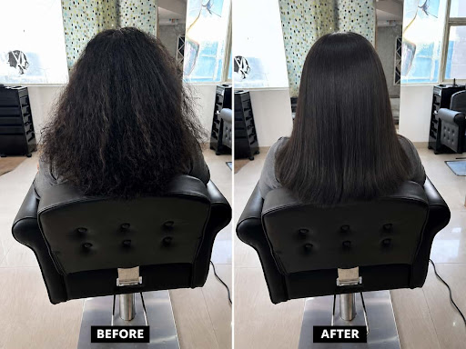 Extremely curly, thick, frizzy and completely unmanageable hair on the left — silky, smooth, perf…