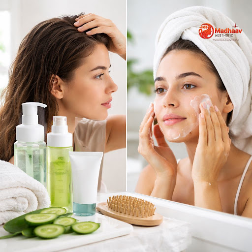 Struggling with greasy hair, dandruff, and recurring pimples? At Madhaav Aaesthetic and Cure vibe…