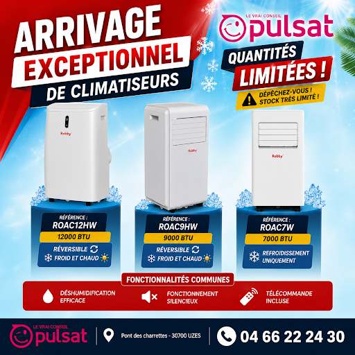 🔥 ARRIVAGE EXCEPTIONNEL DE CLIMATISEURS ! ❄️

Nous venons de recevoir un stock limité de climatiseurs mobiles ROBBY :

❄️ ROAC12HW – 12 000 BTU – Réversible (Froid ❄️ / Chaud 🔥)
❄️ ROAC9HW – 9 000 BTU – Réversible (Froid ❄️ / Chaud 🔥)
❄️ ROAC7W – 7 000 BTU – Refroidissement
✅ Fonctionnement silencieux
✅ Télécommande incluse
✅ Installation simple, sans travaux

⚠️ Quantités limitées ! Premier arrivé, premier servi.

📍 Pulsat Uzès
Pont des Charrettes – 30700 UZÈS

📞 04 66 22 24 30

Venez découvrir nos modèles en magasin et repartez avec la solution idéale pour passer un été au frais ! 😎❄️

#Pulsat #Uzès #Climatiseur #ClimMobile #Robby #Canicule #Fraîcheur #Réversible #Gard #Électroménager #Été2025