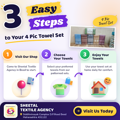 Visit Sheetal Textile Agency in Beed to choose your towel set in three easy steps. Explore our co… post image