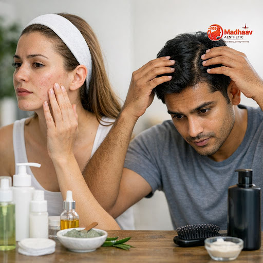 Struggling with greasy scalp, frequent pimples and dull, uneven skin? At Madhaav Aaesthetic and C… post image