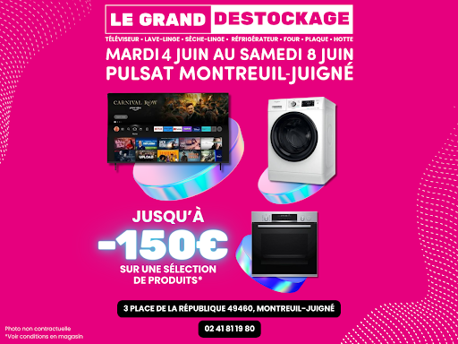 🚨 Notification 🚨
Le grand destockage Pulsat commence MAINTENANT à Montreuil-Juigné ! 🎉
 Profitez de réductions incroyables allant ✨ jusqu'à 150€ ✨ sur une sélection de produits électroménagers, TV, et bien plus encore. 

Ne manquez pas cette occasion unique de renouveler votre équipement à des prix défiant toute concurrence ! Rejoignez-nous vite chez Dimension.K Pulsat à Montreuil-Juigné !

📍 Adresse : 3 Place de la République, 49460 Montreuil-Juigné
🗓️ Dates : Du mardi 4 juin au samedi 8 juin