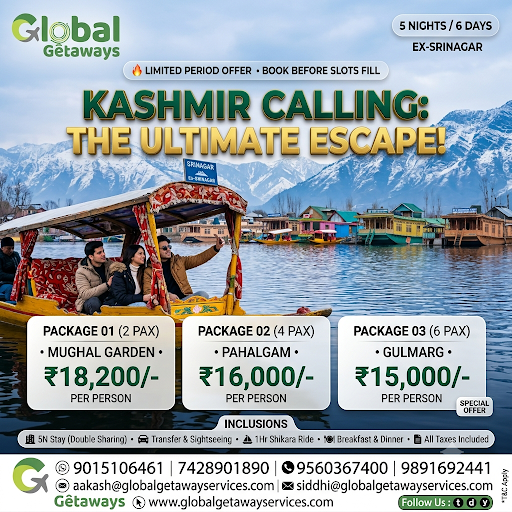 Kashmir tour package from Delhi featuring Dal Lake Shikara ride snow mountains Srinagar Mughal Garden Pahalgam and Gulmarg deals