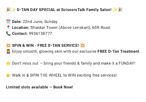 Scissors talk Family Salon is celebrating D.TAN DAY enjoy free D.tan at salon on 22 june 2025 post image