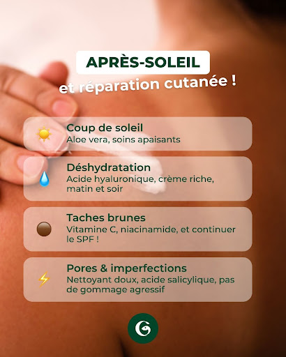 Bronzée, déshydratée, marquée… votre peau a besoin de récupérer après l'été. ☀️

Coup de soleil, taches brunes, peau qui tire, chaque dommage a son soin. Et le bon ordre d'application fait toute la différence.

Venez faire le point avec nous, on vous oriente vers les produits vraiment adaptés à votre peau. 💚