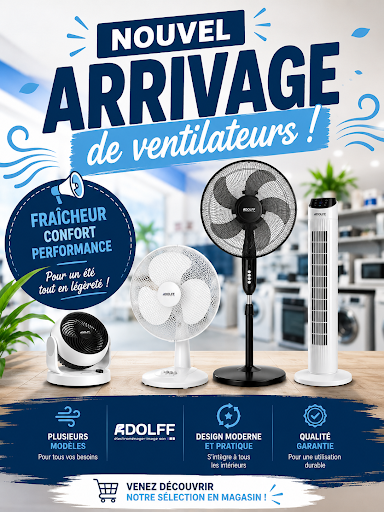 🌬️ NOUVEL ARRIVAGE EN MAGASIN ! 🌬️
La chaleur arrive… et nos ventilateurs aussi 😎

Découvrez dès maintenant notre nouvelle sélection de ventilateurs disponibles dans votre magasin d’électroménager !
✅ Ventilateurs sur pied
✅ Ventilateurs de table
✅ Différents styles et tailles
✅ Prix attractifs

Profitez d’un air frais tout l’été 🌞
Stock limité — venez vite choisir le vôtre !
📍 Rendez-vous en magasin
📞 Contactez-nous pour plus d’informations
#Ventilateur  #Fraîcheur #AdolffÉlectroménager #Saverne #BonPlan #Maison #Confort

