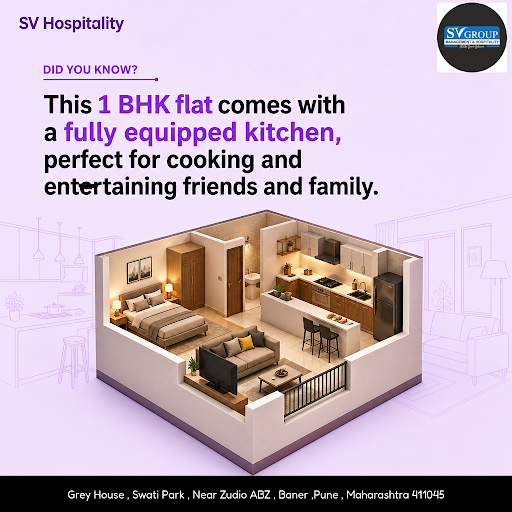 Experience comfort in our 1 BHK flat with a kitchen, featuring a king size bed for a relaxing sta…