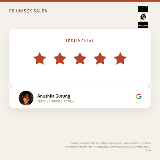 Anushka Gurung from Bangalore swears by F6 unisex salon's exceptional service! She raves about th…