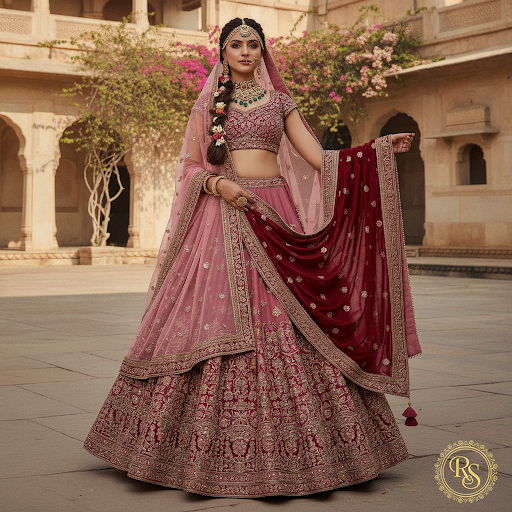 Experience the essence of Indian royalty with our exquisite handworked ghagra choli, adorned with…