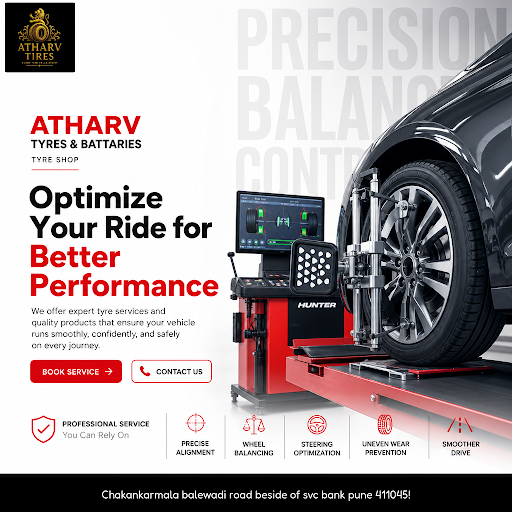ATHARV TYRES & BATTARIES offers expert wheel alignment & balancing, puncture repair, and a wide s… post image