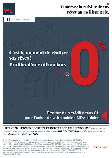 Chez MDA, donnez vie à la cuisine de vos rêves sans plus attendre ! Profitez d’une offre exceptionnelle à taux 0 % et concevez un espace qui vous ressemble, au meilleur prix. Bénéficiez de la qualité française et d’un accompagnement personnalisé pour réaliser chaque détail. C’est le moment idéal pour transformer vos envies en réalité—saisissez cette opportunité unique chez MDA Cuisine ! Venez vite en magasin ou contactez-nous pour plus d’informations.