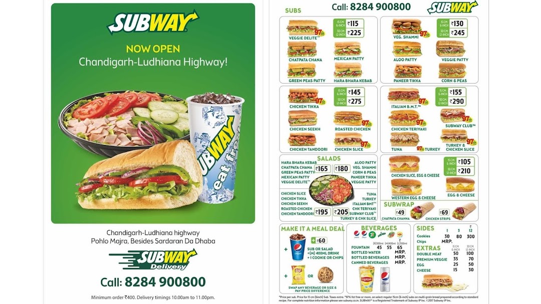 Menu of Subway, Civil Lines, Ludhiana