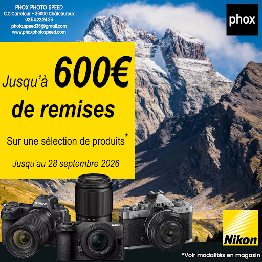 Sublimez chaque instant avec Nikon ! Profitez dès maintenant de jusqu’à 600€ de remise immédiate sur une sélection exclusive d’appareils photo et d’objectifs. Saisissez l’opportunité de donner vie à vos plus belles aventures, des paysages majestueux aux portraits intenses. Offre valable jusqu’au 28 septembre 2026 dans votre magasin PHOX PHOTO SPEED. N’attendez plus pour capturer l’exceptionnel !