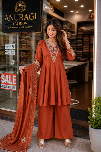 Elevate your ethnic wardrobe with our Rust Silk Peplum Palazzo Suit with Designer Dupatta, now av… post image