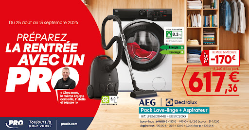 💥 Jusqu’à 190 € de remise sur une sélection d’appareils : petit & gros électroménager, TV et multimédia.

🛏️ Et jusqu’à -40 % sur une sélection de literie !

De quoi bien équiper votre intérieur... et bien dormir 😴

⏰ Profitez-en jusqu’au 13 septembre 2026 !

📍 Offres à découvrir dans votre magasin PRO&Cie et sur procie.com