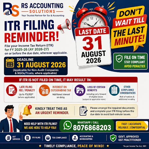 📢 Important ITR Filing Reminder – 31 August 2026 post image