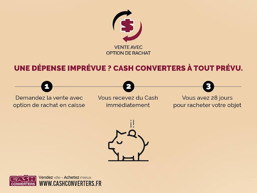 Petit coup dur financier ? Besoin d’argent pour une courte durée ? Découvrez la vente avec option de rachat, ramenez-nous vos produits dans votre Cash Converters Aire sur la Lys et vous recevez du Cash immédiatement. Si vous souhaitez récupérer votre objet, c’est possible ! Vous avez jusqu’à 28 jours pour le racheter avant qu’il ne soit mis en vente.