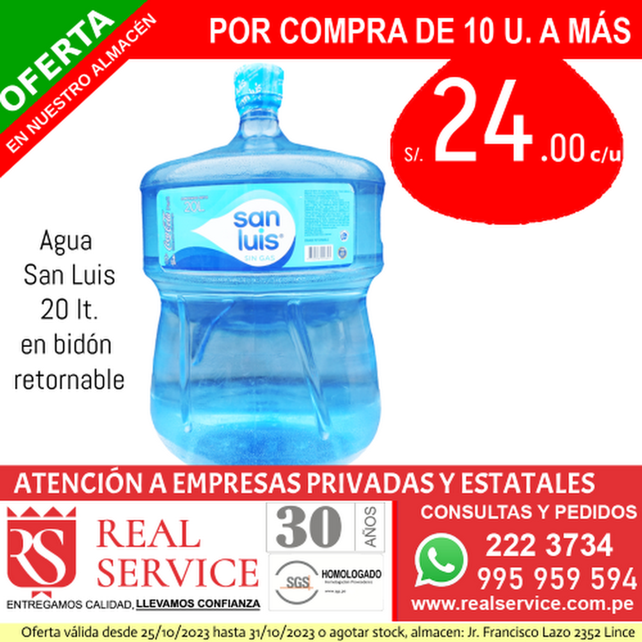 Bidon de agua de mesa San Luis 20 lt. Retornable - ALDAZ Distribuidora de  Bidon de Agua