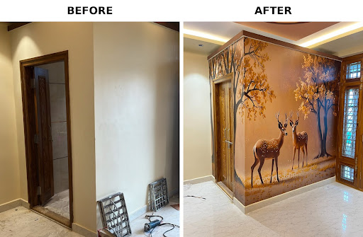 Creating beautiful pooja room with 3D wallpaper at vizayanagarm by Ramsai Interiors post image