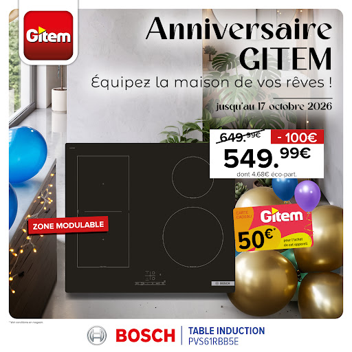 Et si l’anniversaire Gitem était l’occasion de donner un nouveau souffle à votre cuisine ? 🥰
Craquez pour la table induction Bosch avec zone modulable, à 549,99 €, soit 100 € de remise. Et ce n’est pas tout : bénéficiez également de 50 € offerts en carte cadeau Gitem pour l’achat de cet appareil. 😉

 Rendez-vous dans votre magasin Gitem ou sur notre site internet pour en profiter.

#Gitem #anniversairegitem #Bosch #induction #Cuisine #Électroménager #BonPlan