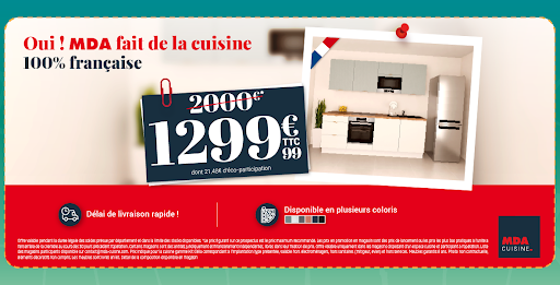 Les soldes commencent aujourd’hui et c’est le moment idéal pour concrétiser votre projet cuisine. Profitez d’une cuisine linéaire KT Célia à seulement 1 299,99 € TTC au lieu de 2 000 €.

Fabriquée en France, disponible en plusieurs coloris et garantie 8 ans, cette cuisine allie qualité, design et durabilité à un prix exceptionnel.

Offre valable uniquement pendant la durée légale des soldes. Meubles livrés en kit. Offre hors électroménager, hors sanitaires (évier et mitigeur) et hors services.

Rendez-vous dans votre magasin MDA Cuisine pour en profiter.