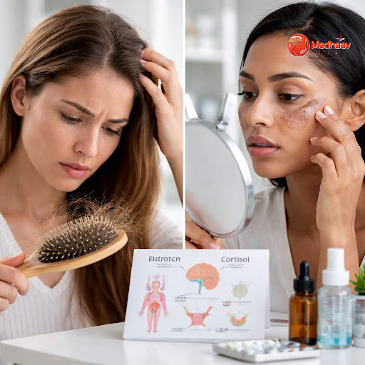 Struggling with sudden hair fall, thinning hair or dark patches on your skin? Hormonal changes ca… post image