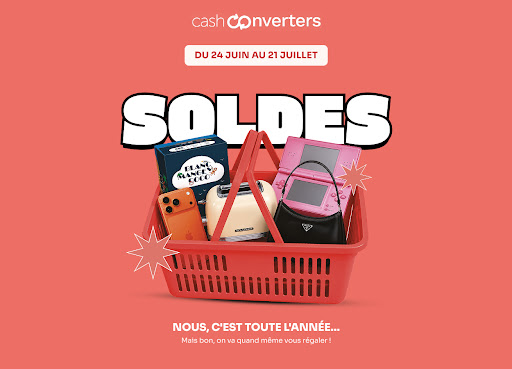 C'est les soldes chez Cash Converters, du 24 juin au 21 juillet ! Vos magasins se remplissent de bonnes affaires d'occasion : high-tech, jeux, mode et plein de trouvailles à prix soldés. Chez nous, c'est malin toute l'année… mais là, on va quand même vous régaler. Passez vite, les plus belles pièces partent en premier.