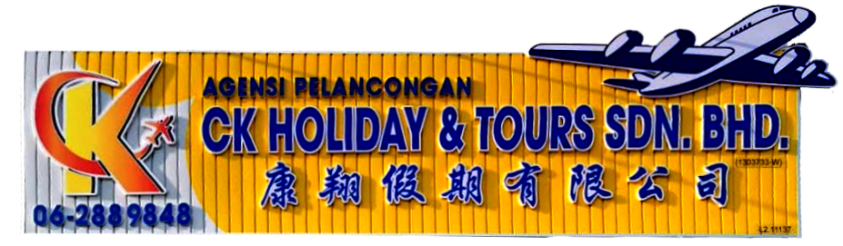 CK Holiday & Tours Sdn. Bhd. No.14, Jalan KL 3/14, Pangsapuri Kota Laksamana, 75200 Malacca, Malaysia