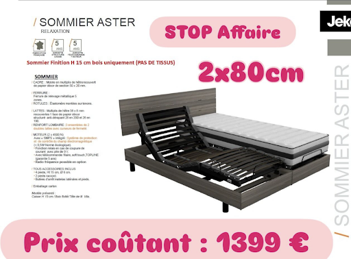 Envie de transformer vos nuits ? Profitez du pack Aster à prix coûtant chez MDA ! Un lit de relaxation 160x200 avec ses deux matelas inclus, le combo parfait pour un max de confort sans se ruiner. Moderne, élégant et ultra-pratique, il trouvera forcément sa place dans votre chambre. Foncez à Biguglia, les bonnes affaires comme celle-ci ne durent jamais longtemps !