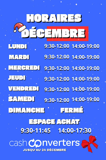 Préparez-vous pour les fêtes ! Voici nos horaires pour vos achats de Noël. Rendez-vous chez nous pour profiter de nos offres festives et trouver le cadeau parfait. Ne manquez pas cette chance de faire plaisir à vos proches !