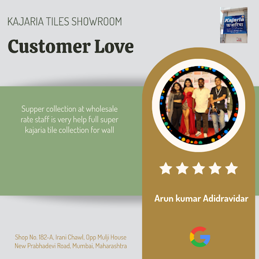 Arun from Mumbai gives a 5-star review for KAJARIA TILES SHOWROOM! He loved the exceptional servi…