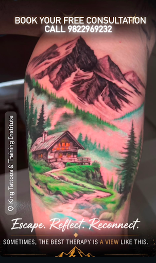 Scenic Mountain & Cabin Landscape - Custom Realism Tattoo by King Tattoos & Training Institute post image