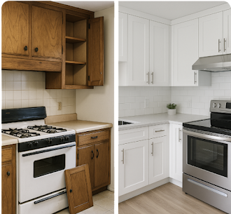 side by side comparison to replacing cabinet doors and the entire cabinet