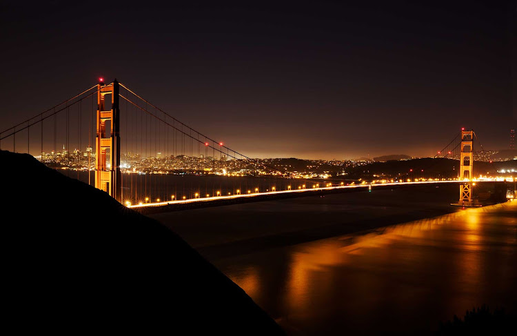 San Francisco's famed Golden Gate Bridge at night.