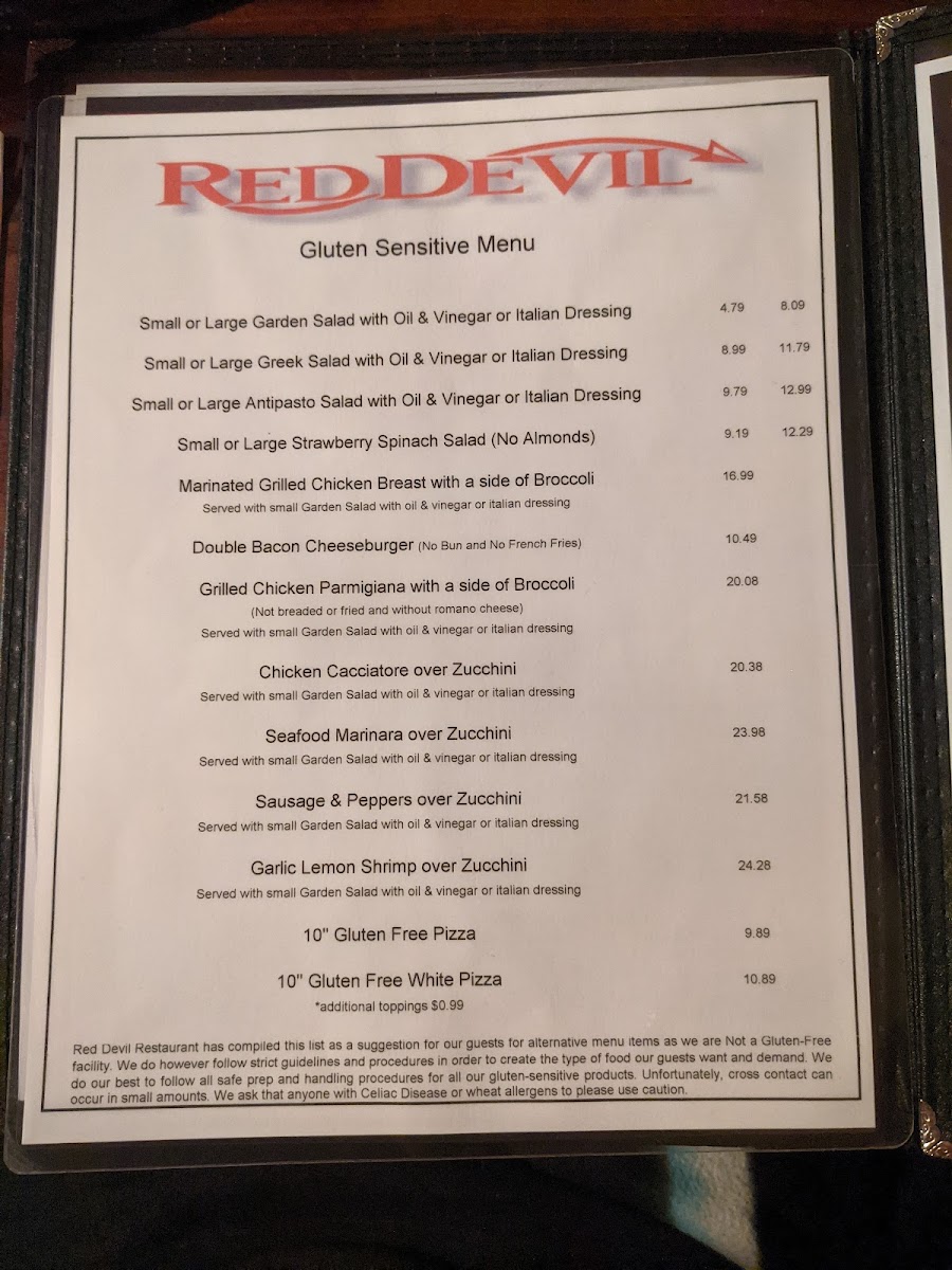Red Devil Italian Restaurant & Pizzeria gluten-free menu