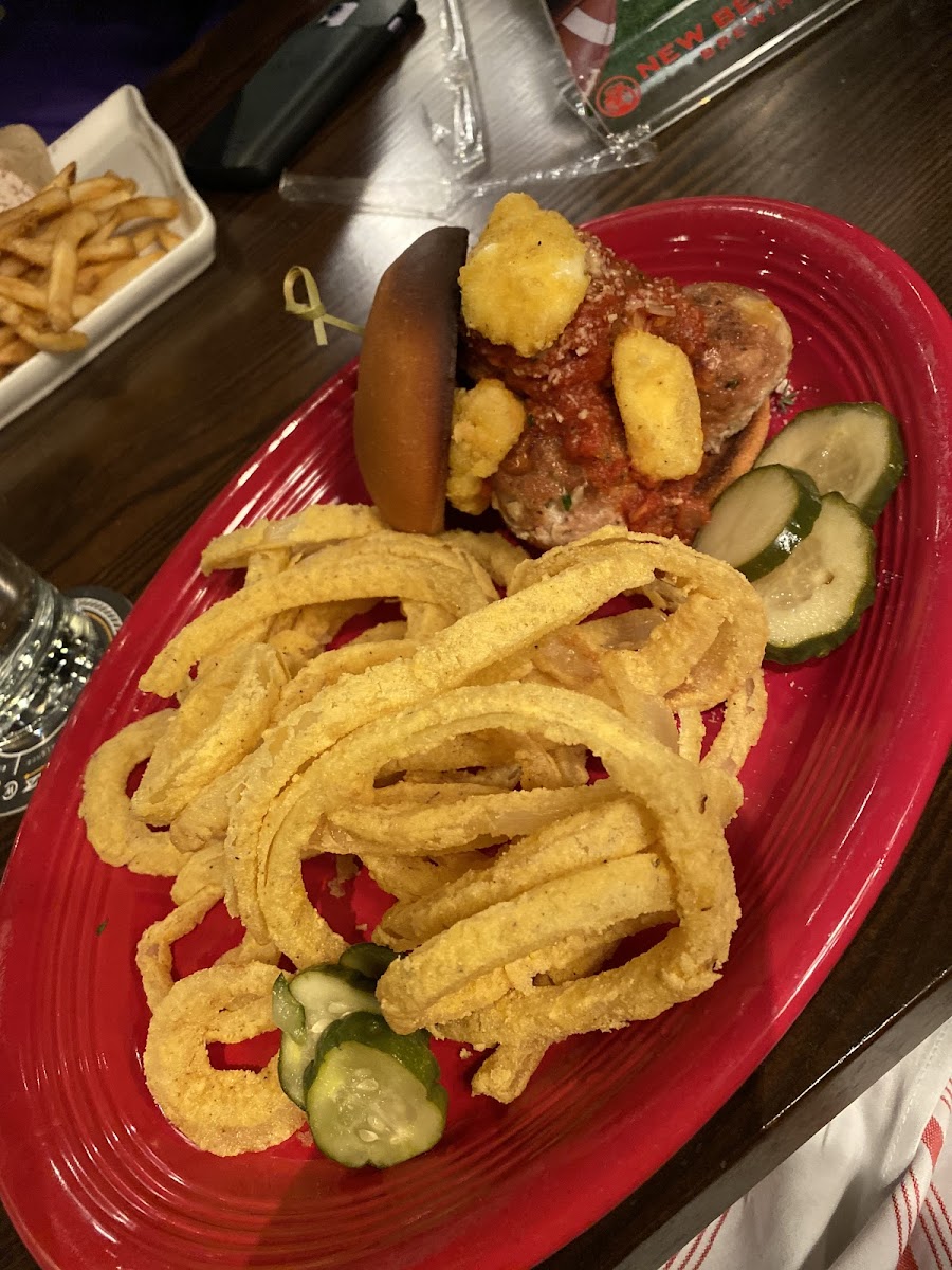 Gluten Free Meatball "sub" w Gluten free onion rings