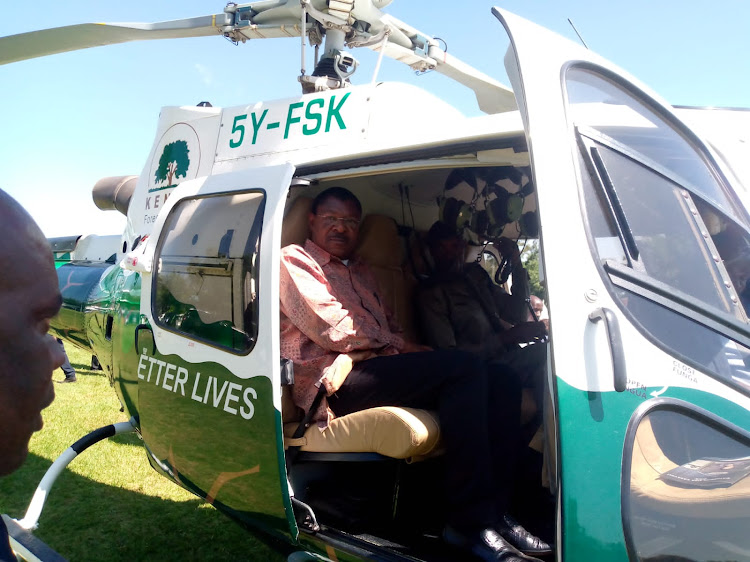 National Assembly Speaker Moses Wetangula leaving Catherine Kasavuli's funeral service in a helicopter. January 14, 2022.