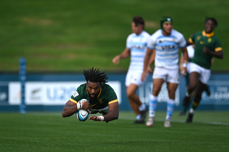 Jurenzo Julius scores a try for the Junior Boks in their Rugby Championship U-20 win against Argentina at Sunshine Coast Stadium in Bokarina, Australia on Sunday.