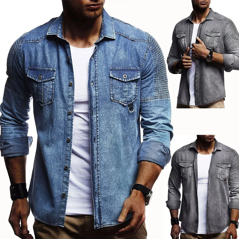 Chemise en jean à manches longues pour homme, épaules à volants, couleur unie. Élégance décontractée et confort inégalé pour votre quotidien.