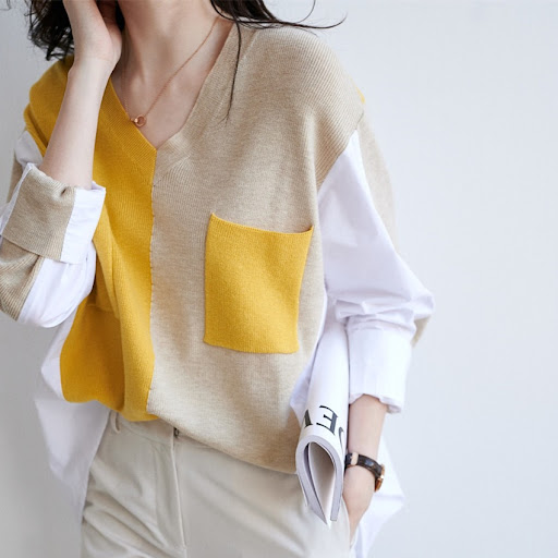Title 2, Womens Retro Contrast Color V-neck Knitted Sti...